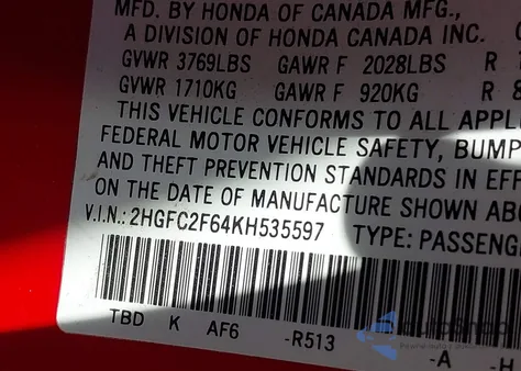 2019 Honda Civic Lx z USA, uszkodzony, nr VIN 2HGFC2F64KH535597